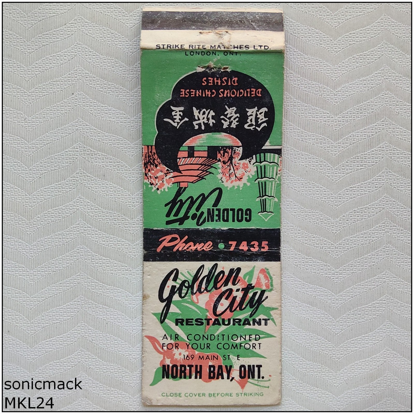 Golden City Chinese Restaurant North Bay Ontario Cover Matchbook Label (MKL24)