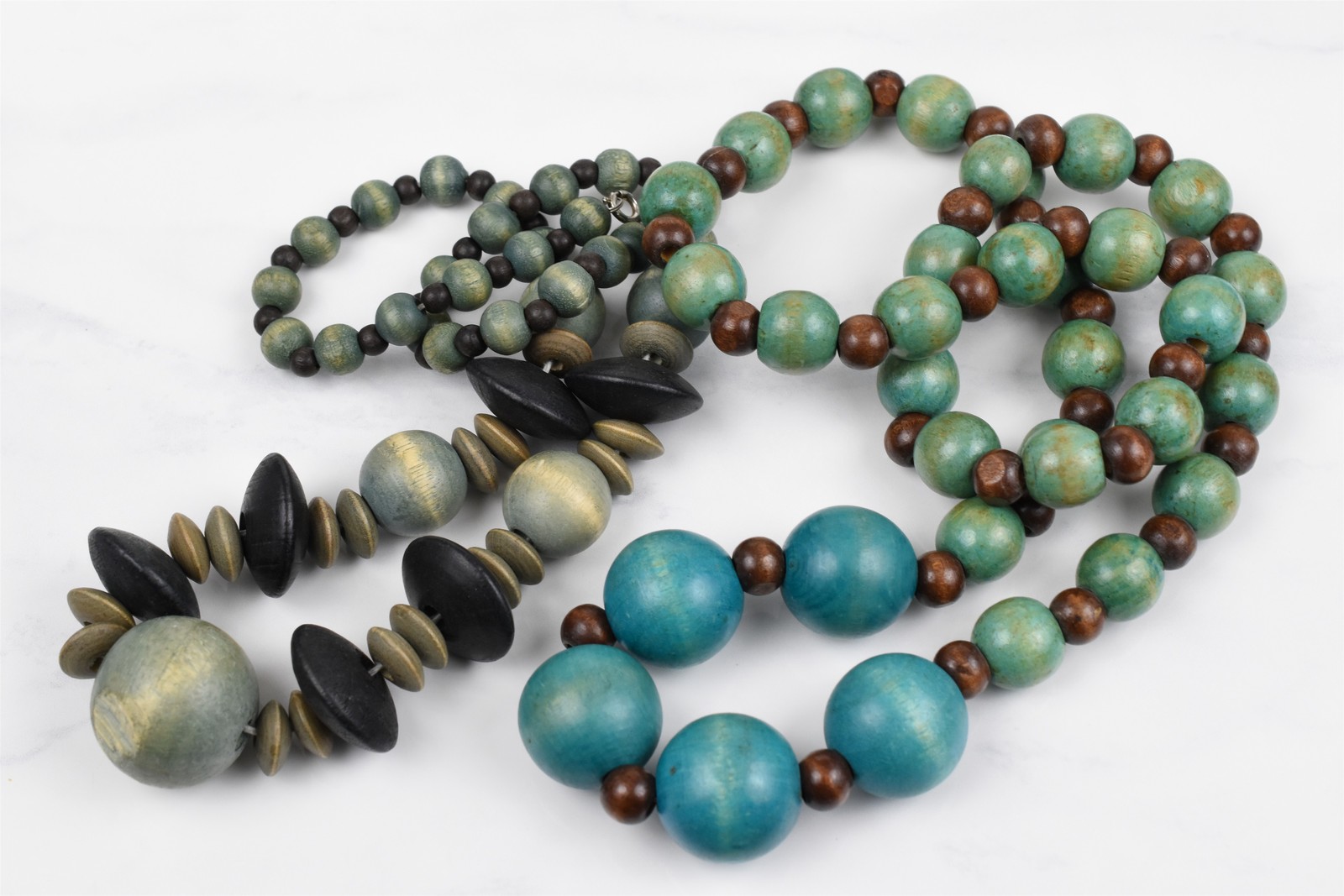 Handmade Studio Beaded Necklace Lot 2 Aqua Wood 30 in + Clasp 24 in