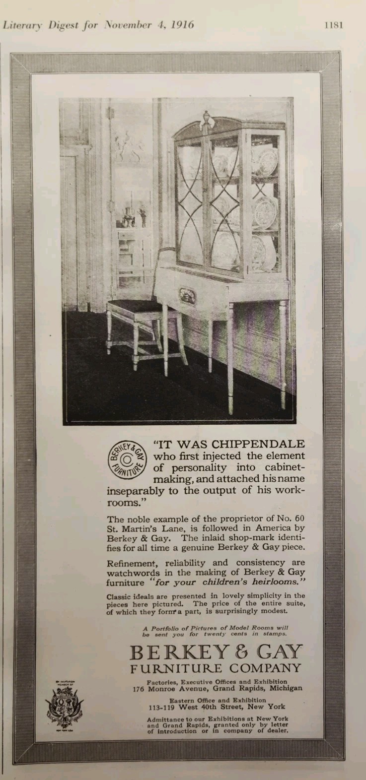 1916 Berkey & Gay Furniture Company Print Ad - Grand Rapids MI China Cabinet