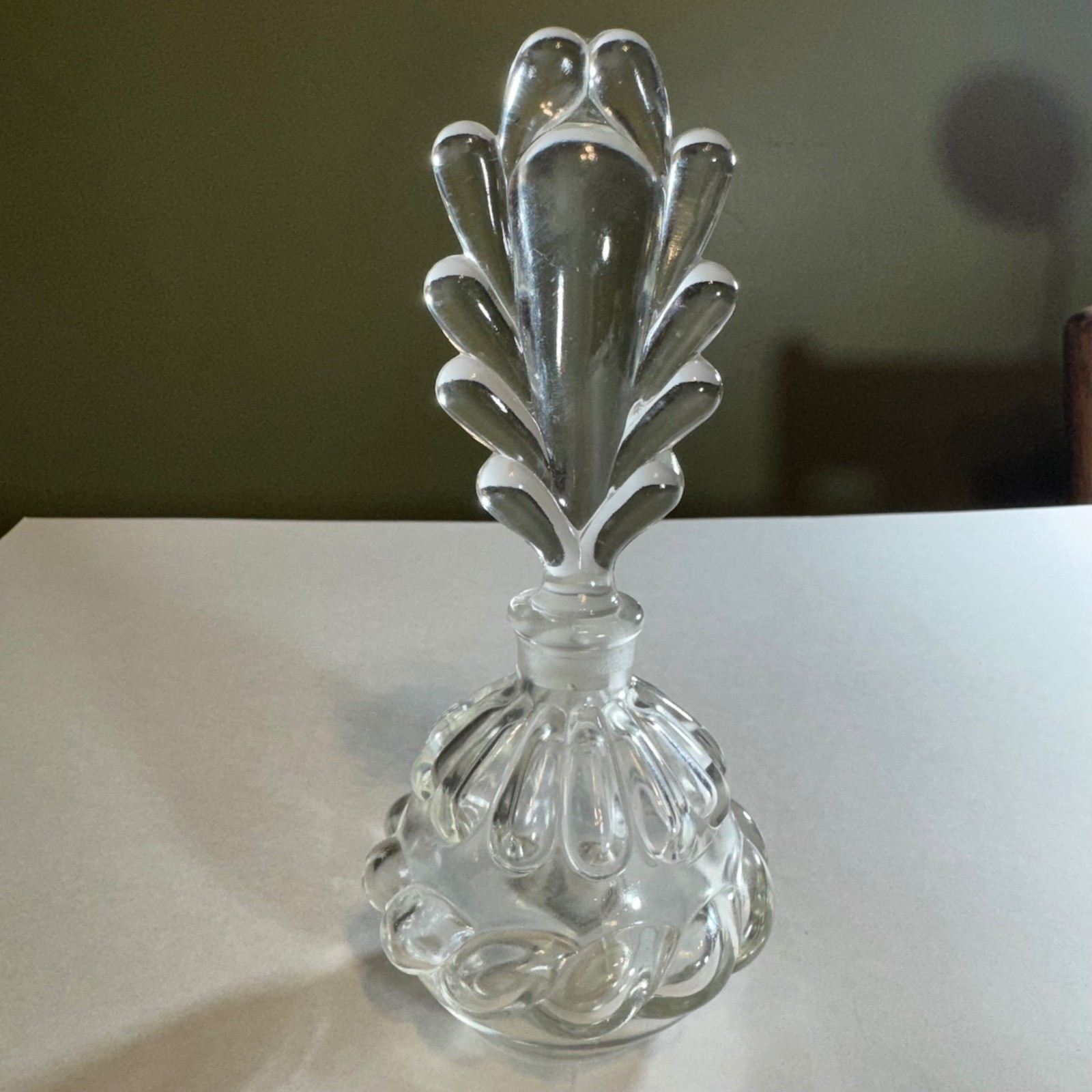 Vintage Clear Glass Perfume Bottle Art Deco Style Fan Stopper Ribbed Base 7"