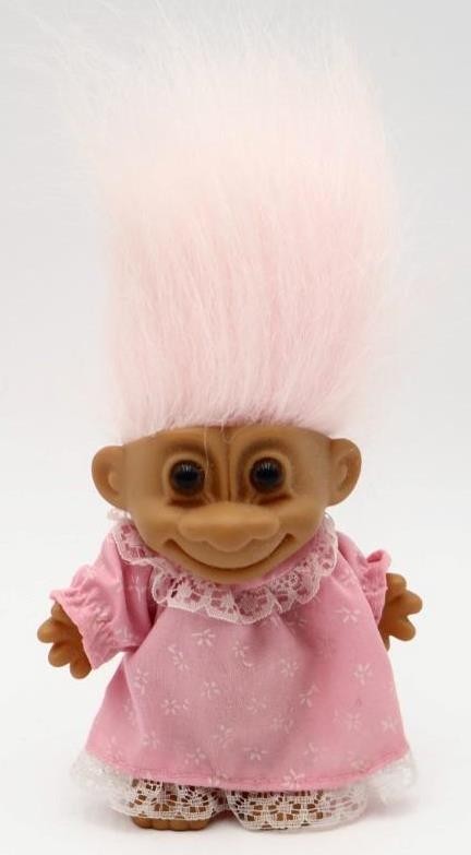Vintage 1990s RUSS 4 1/4" Troll Doll "Pink Dress" Pink Hair