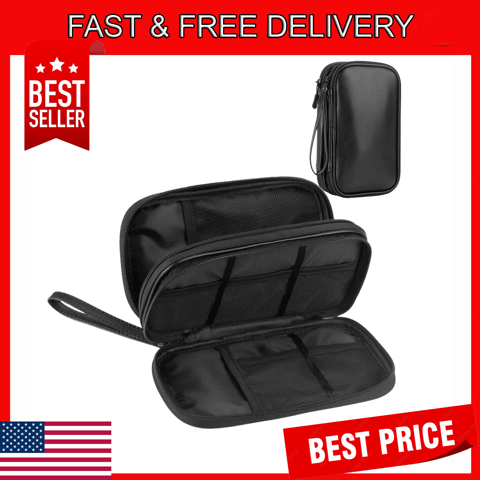 Leather Travel Electronic Organizer Double Layer Waterproof Case Black M