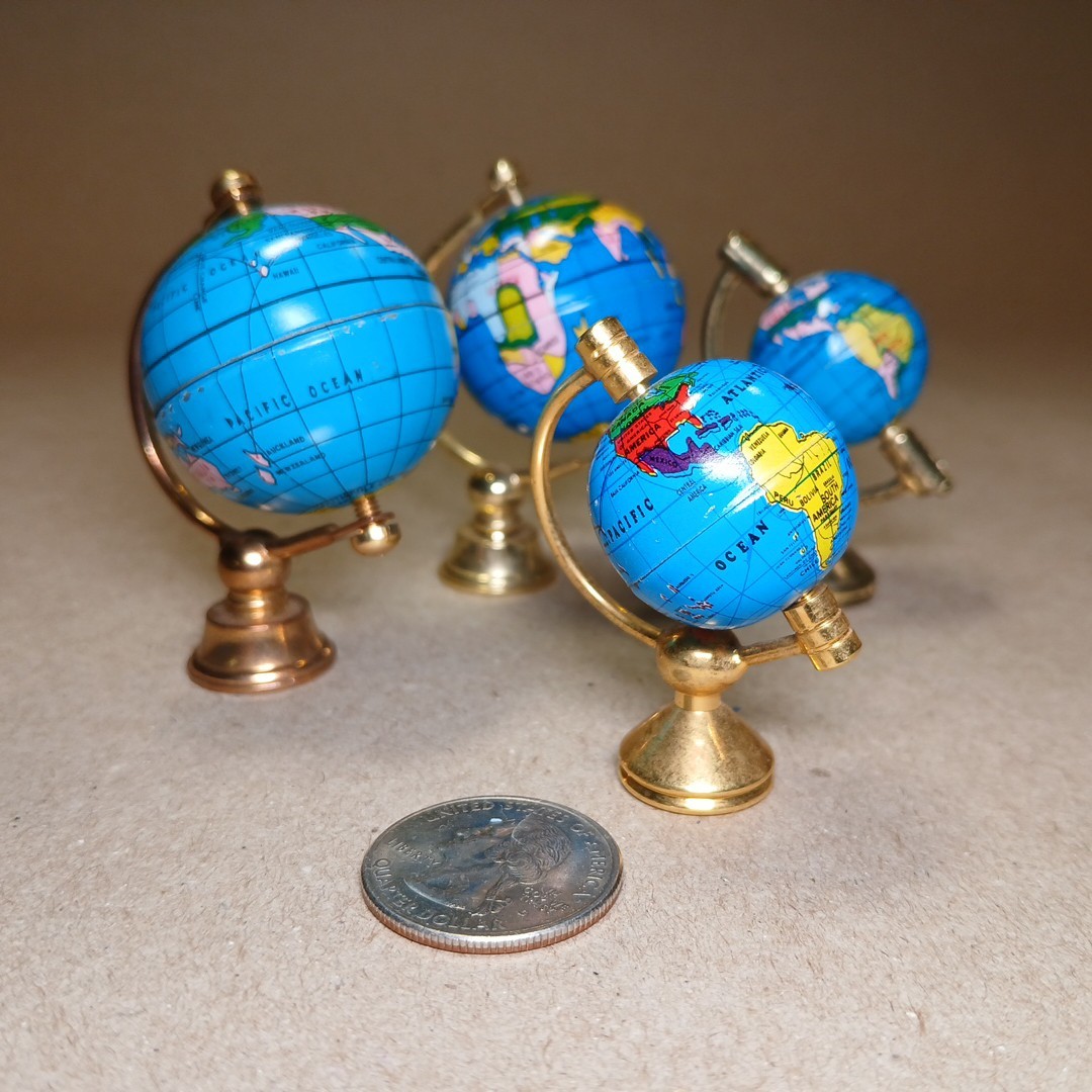Lot of 4x Miniature Rotating World Globes on Gold Tone Metal Stands 2" Inches