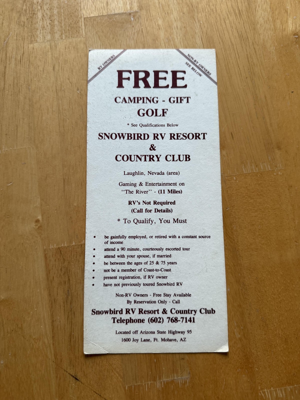 Vintage Snowbird RV Resort Country Club Free Camping Golf Map Arizona Brochure