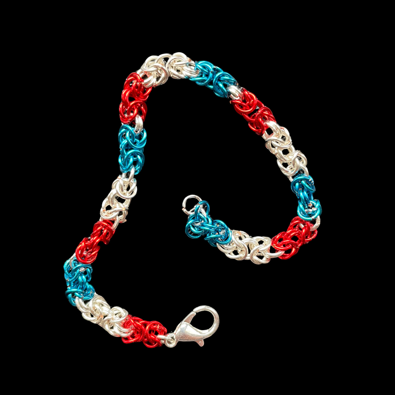 Red, Blue & Silver Byzantine Weave Chainmaille Bracelet, 7.5 inches