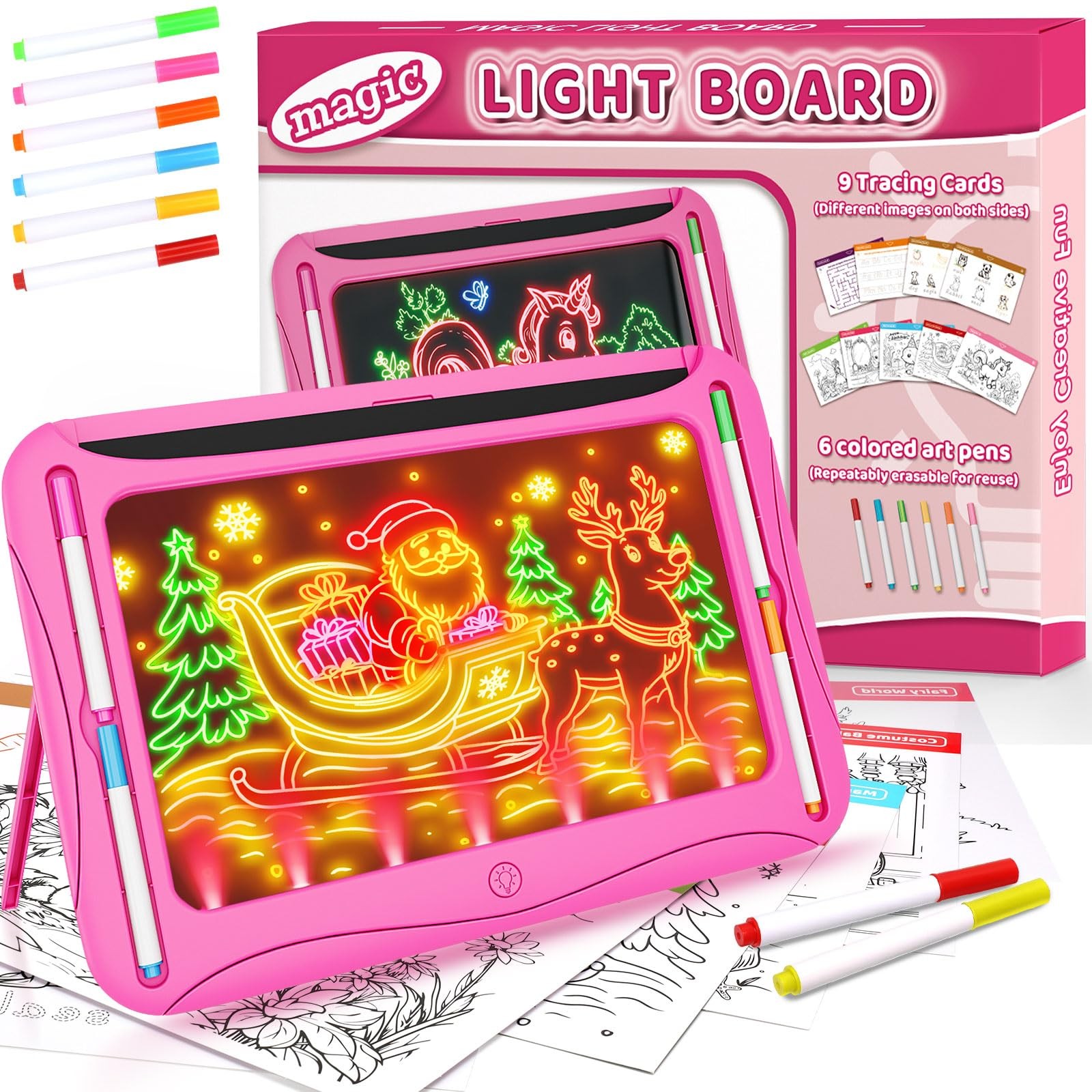 Magic LED Drawing Board for Kids, Toys Girls Glow in 10"W x 1.2"H, Pink 