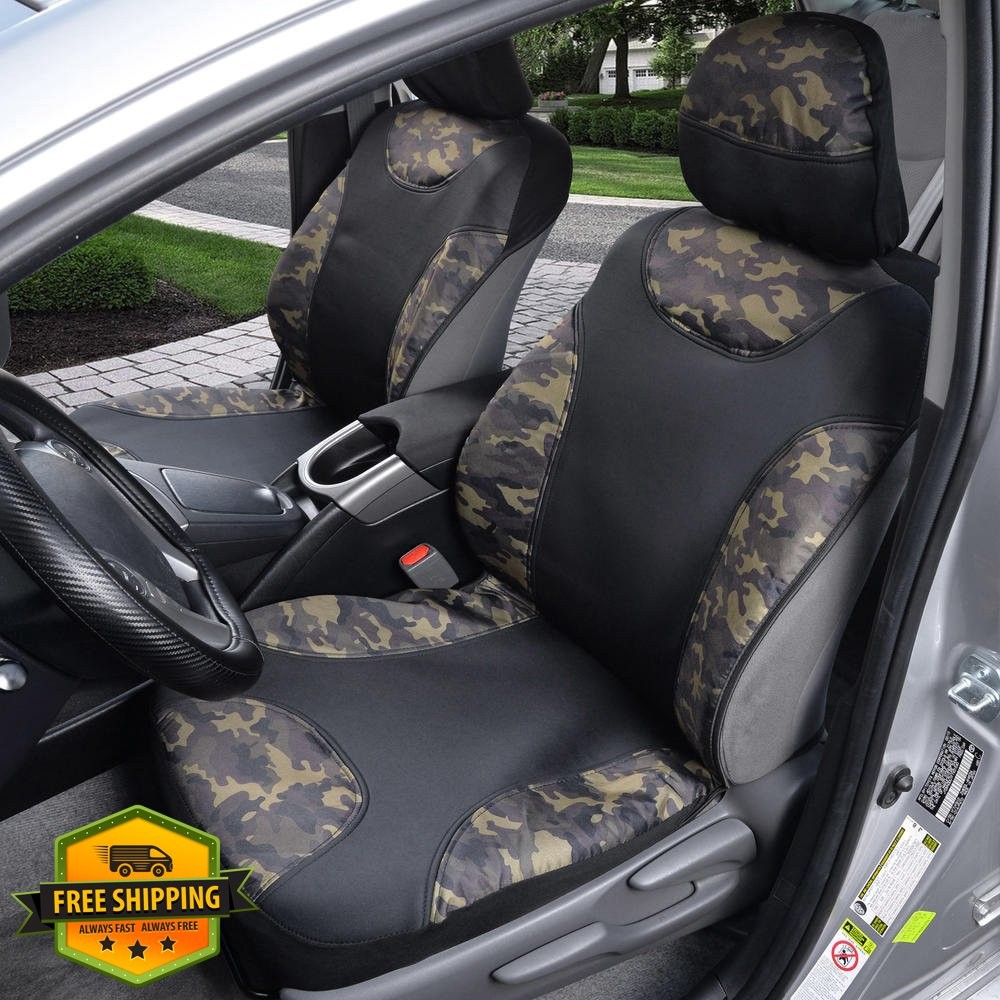 BDK 2pk Camo Seat Covers Black Waterproof Neoprene Car Truck Van SUV