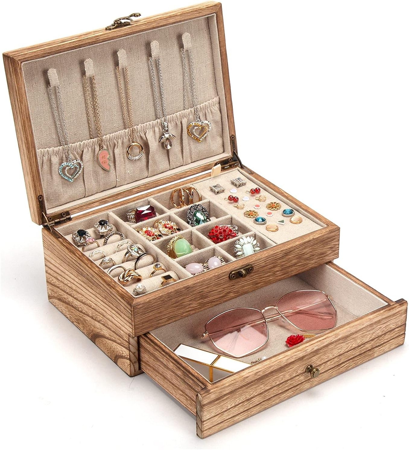 Jewelry Box for Women, Rustic Wooden Jewelry Organizer Box for Storage Earrings 