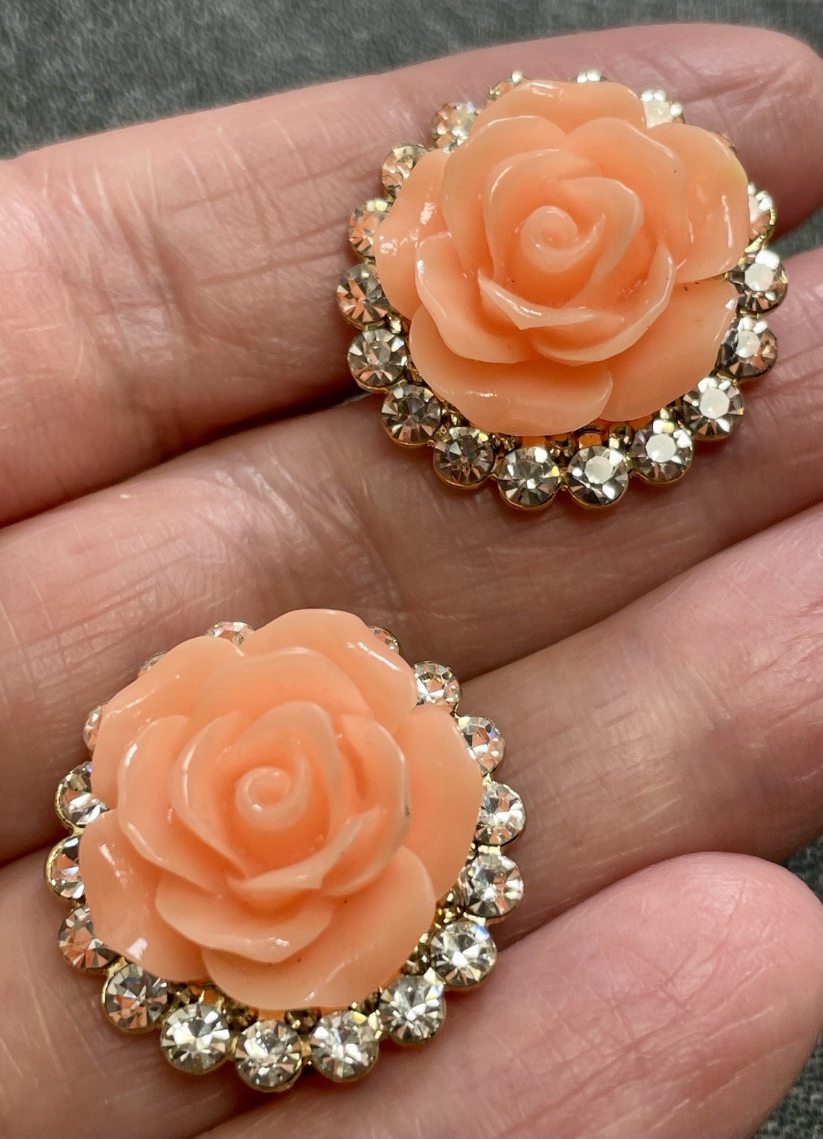 Vintage Large Orange Rose Flower Crystal Rhinestone Gold Tone Metal Earrings