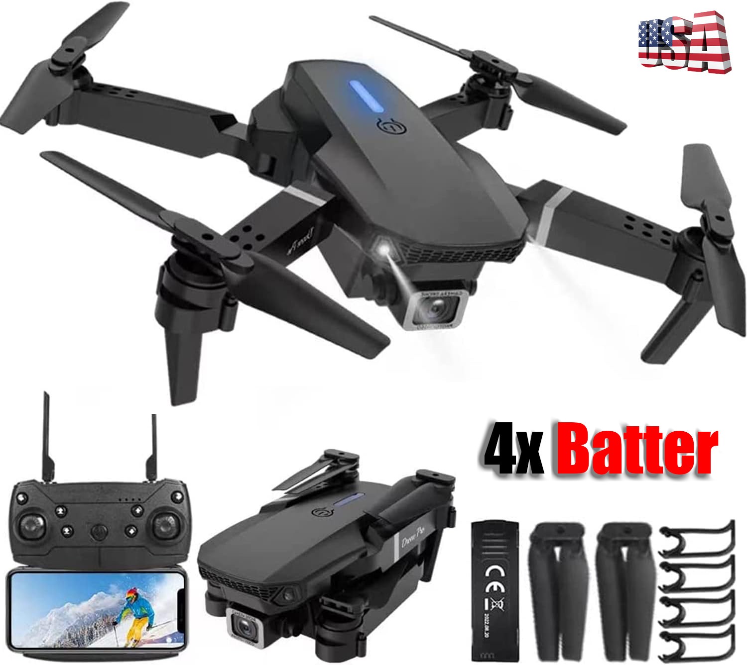 Drone 2026 4K HD Dual Camera WiFi FPV RC Foldable Quadcopter + 4 Batteries