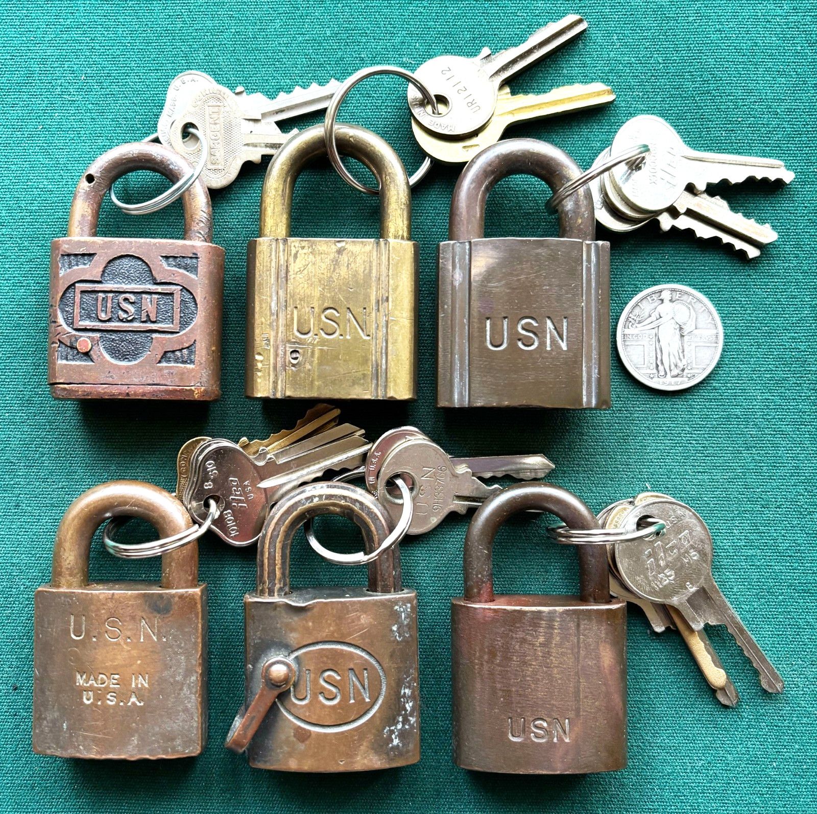 6 Vtg USN Brass Pin Tumbler Padlocks SARGENT, CORBIN, YALE, HURD + Original Keys