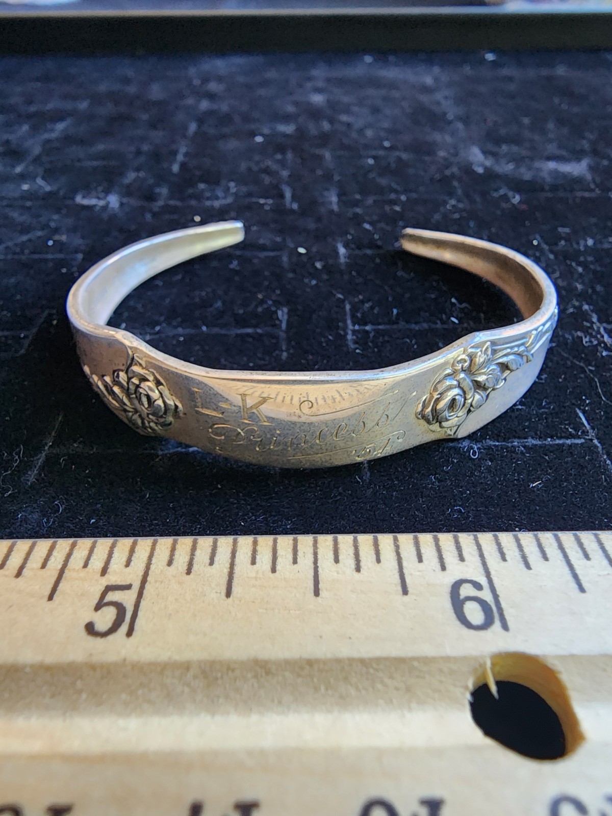 Antique Sterling Silver "Princess" Damask Rose Cuff Bracelet Marked/Tested+