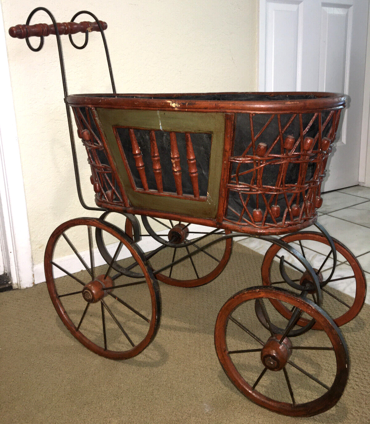 Antique Vintage VICTORIAN BABY DOLL CARRIAGE Buggy Stroller METAL WICKER WOOD