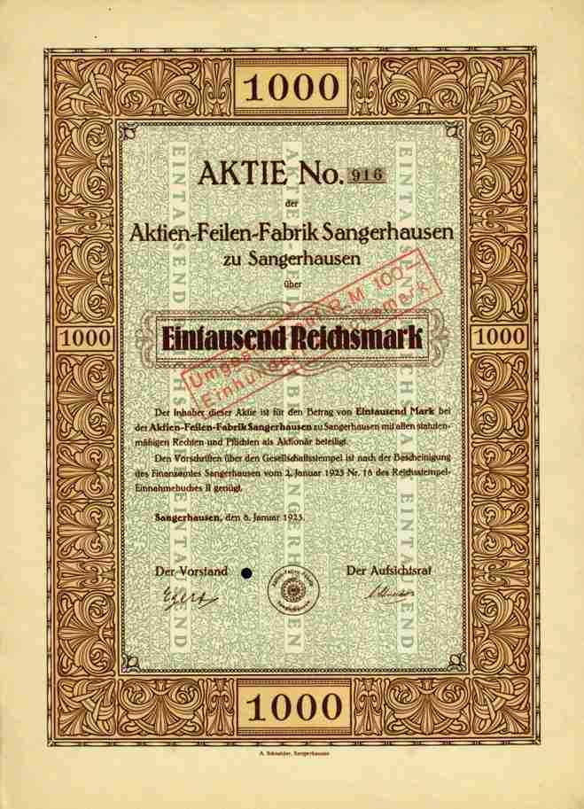 Stock File Factory Sangerhausen Saxony Anhalt Mansfeld 1923 Südharz 1000 Mark