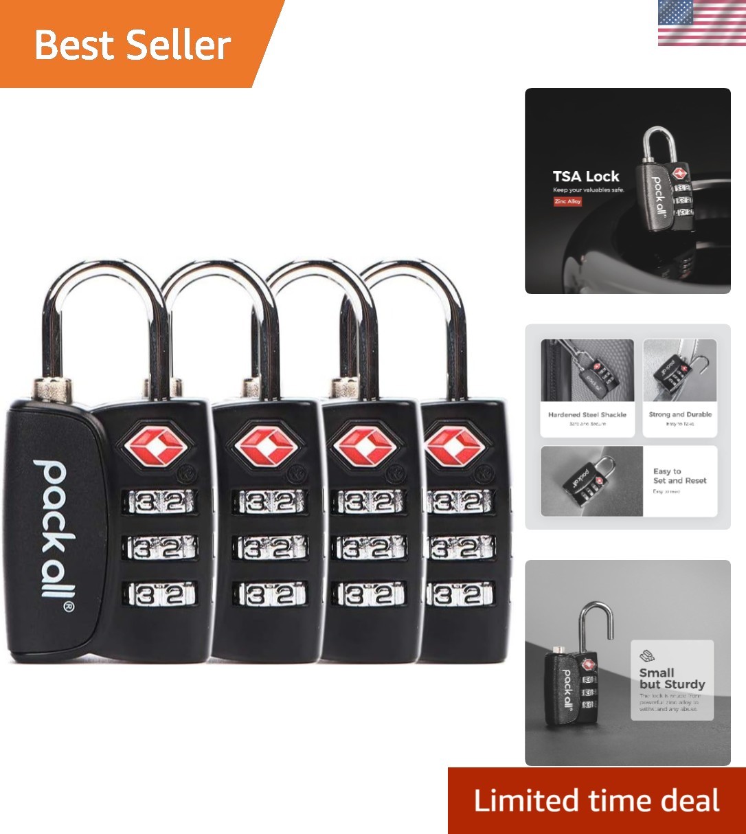 TSA Approved Luggage Lock, Inspection Indicator, Alloy Body, 3 Digit Combinat...