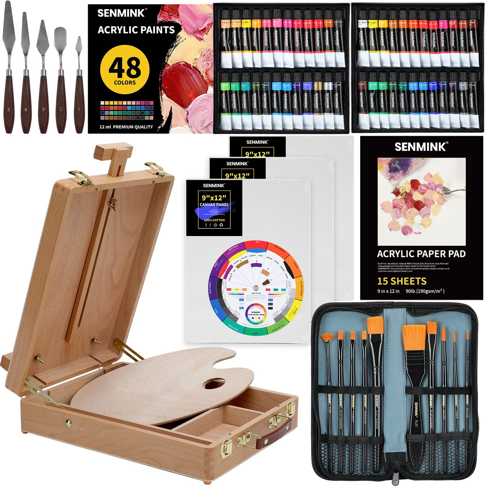 69 Pcs Artist Painting Set w/ Wood Box Easel & 48×12ML Acrylic Paint Canvas Kit