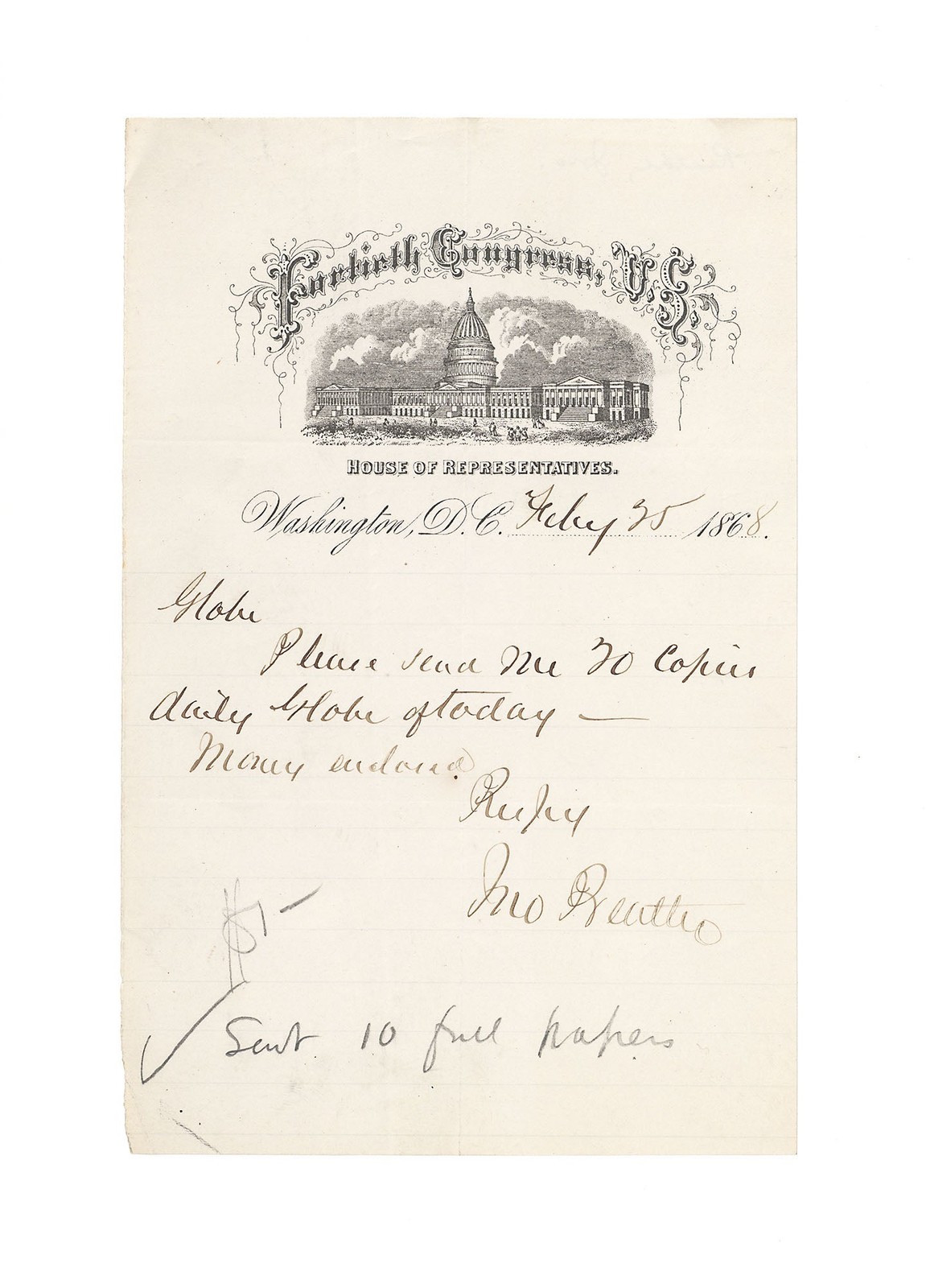 John Beatty. Autograph Note Signed on U.S. House of Representatives Letterhead,…