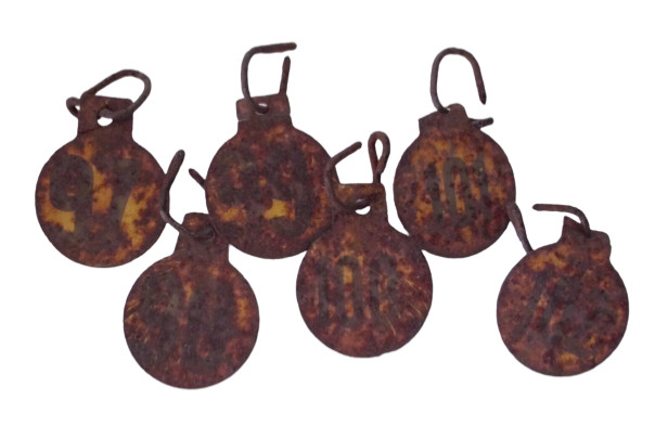 Vintage Metal Cage Tags Chickens Rabbits Old Rusty Farm Decor Lot Set 6 Numbers