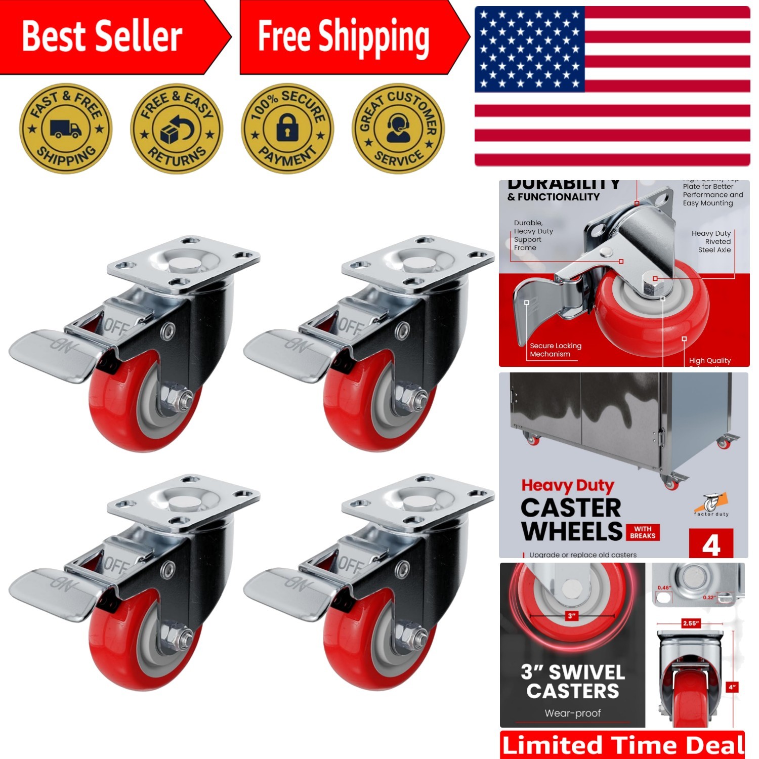 Durable 3 Inch Polyurethane Swivel Caster Wheels with Locking Brake - 4 Pack