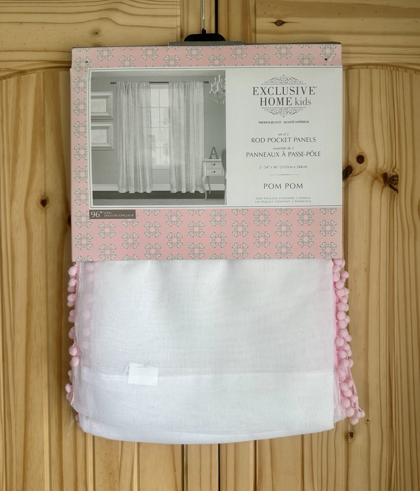 Exclusive Home Kids Rod Pocket Panels White Bubblegum Pink Pom Pom 54 x 96 NEW