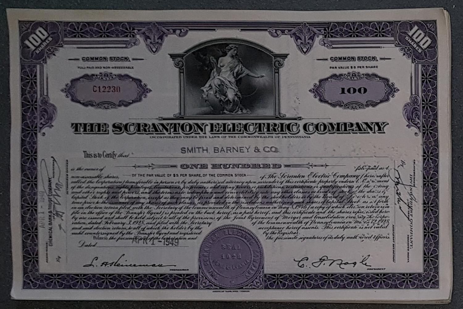 50 X The Scranton Electric Company 1940s 100 Shares