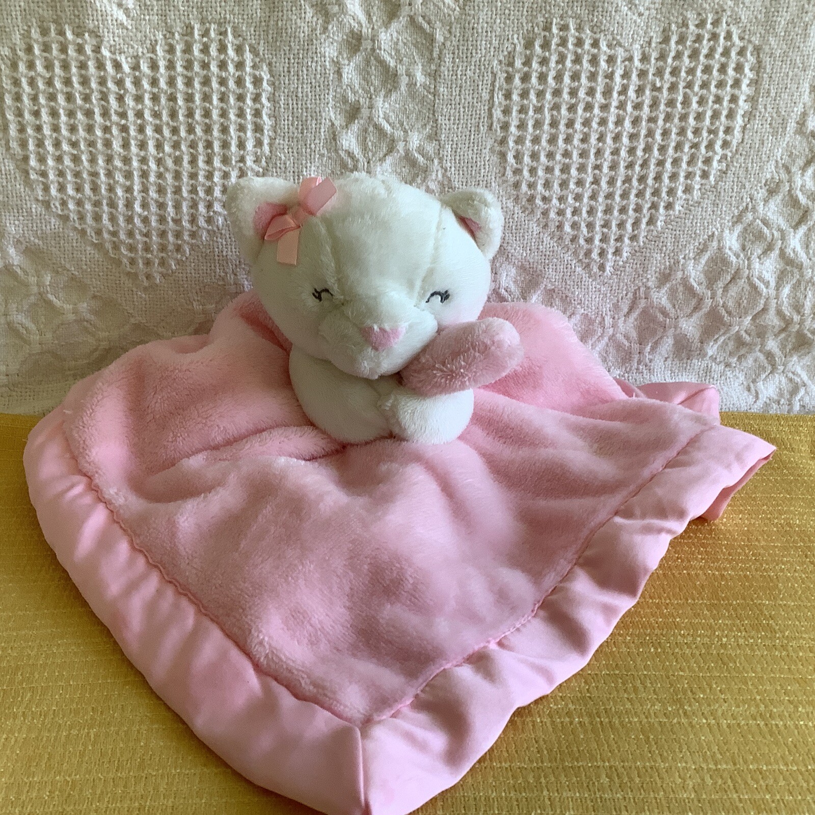 Carters White Pink Kitty Cat Baby Lovey Security Blanket Plush Satin Trim 14”
