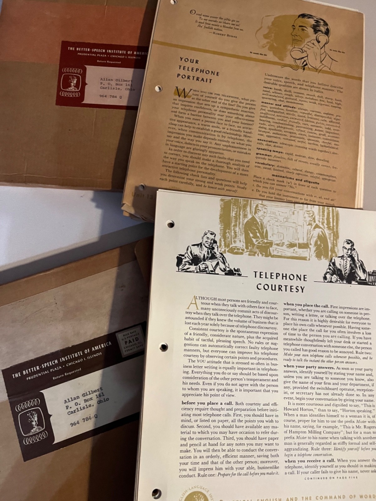 1957/1958 Various Paperwork/Orig.Box mailed in/Better Speech of Amer. Infor vari