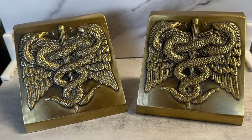 Vintage PM Craftsman Caduceus Medical Bookend Pair Solid Brass -Doctors, Nurses