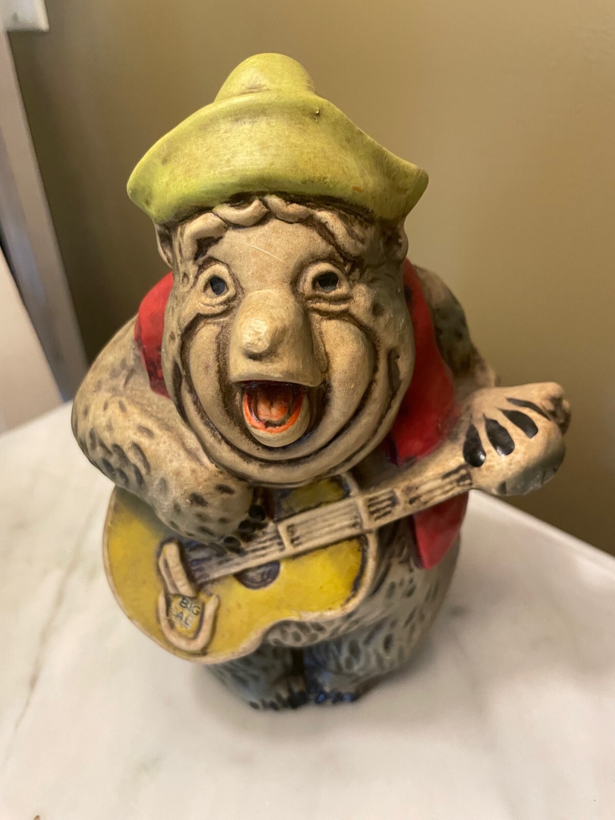 Vintage Brown Bear Playing Guitar Ceramic Coin Painter Bank Animal Country Music