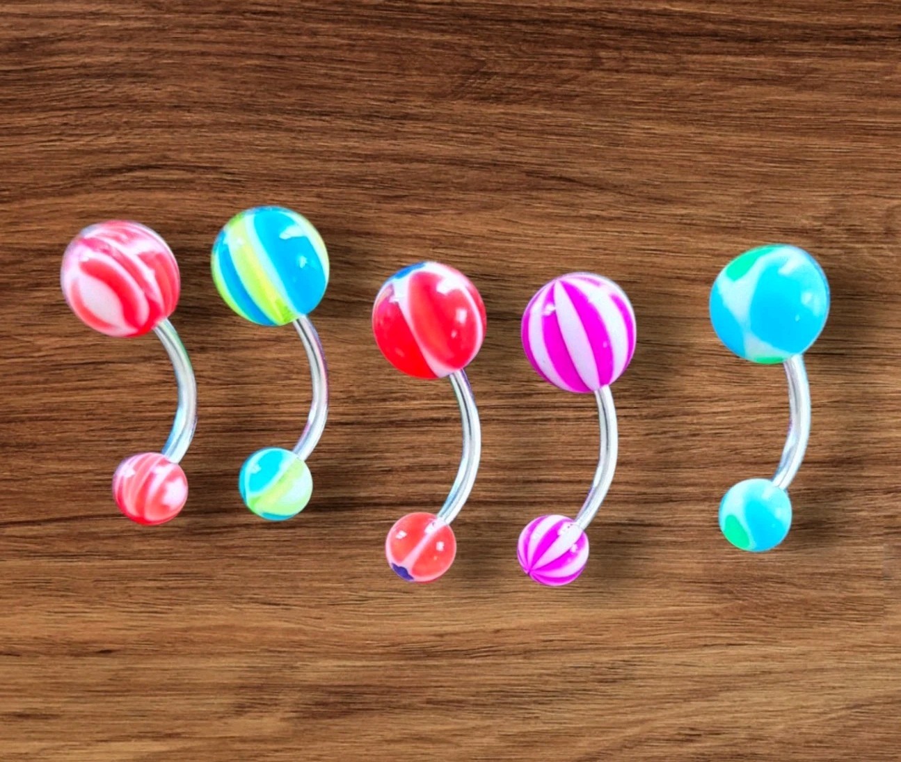 Lot of 5 Multicolor Acrylic Belly Button Rings – Fun Designs Navel Jewelry 14G