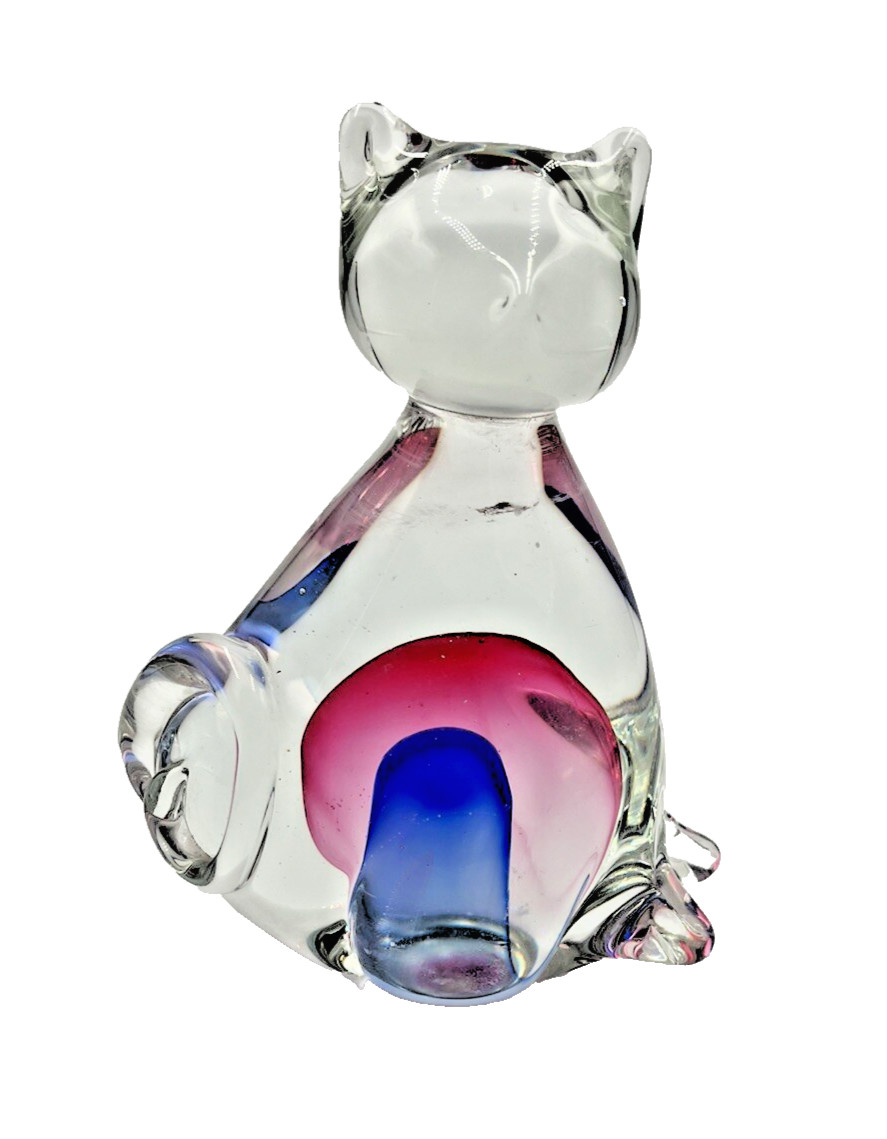 Blown Art Glass Cat Figurine Pink Blue Decor Feline Paperweight 6" Blue Pink