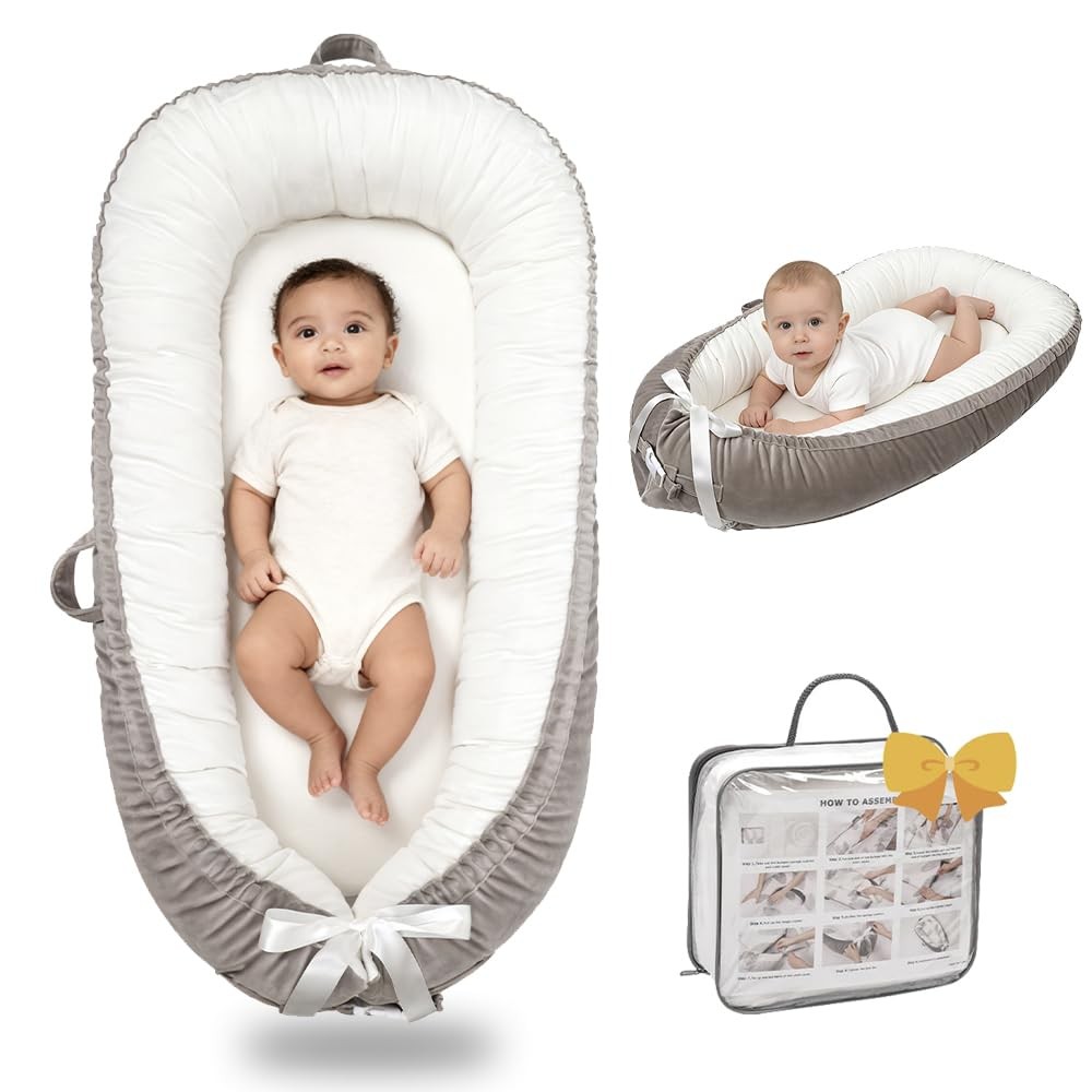 Baby Lounger-Breathable and Soft Organic 100% Cotton, Portable Infant Lounger...