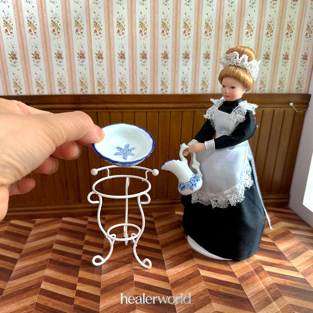 Dollhouse Miniatures White Ceramics Basin Metal Stand 1:12 Scale Bathroom Kit