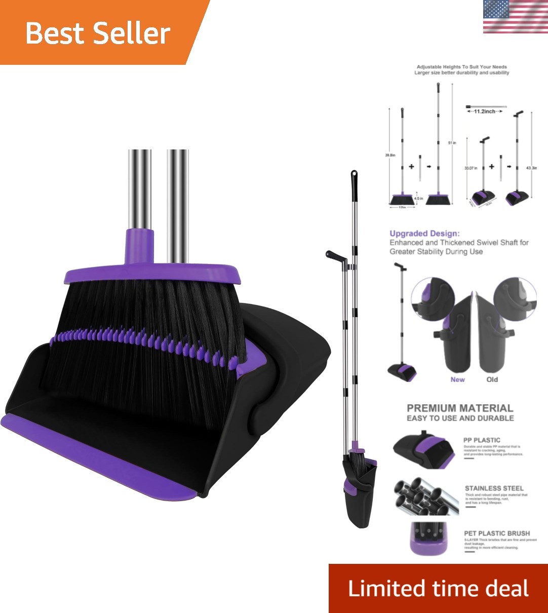 Broom and Dustpan Set, Upright Purple Broom with Dustpan Combo Set 51" Long H...