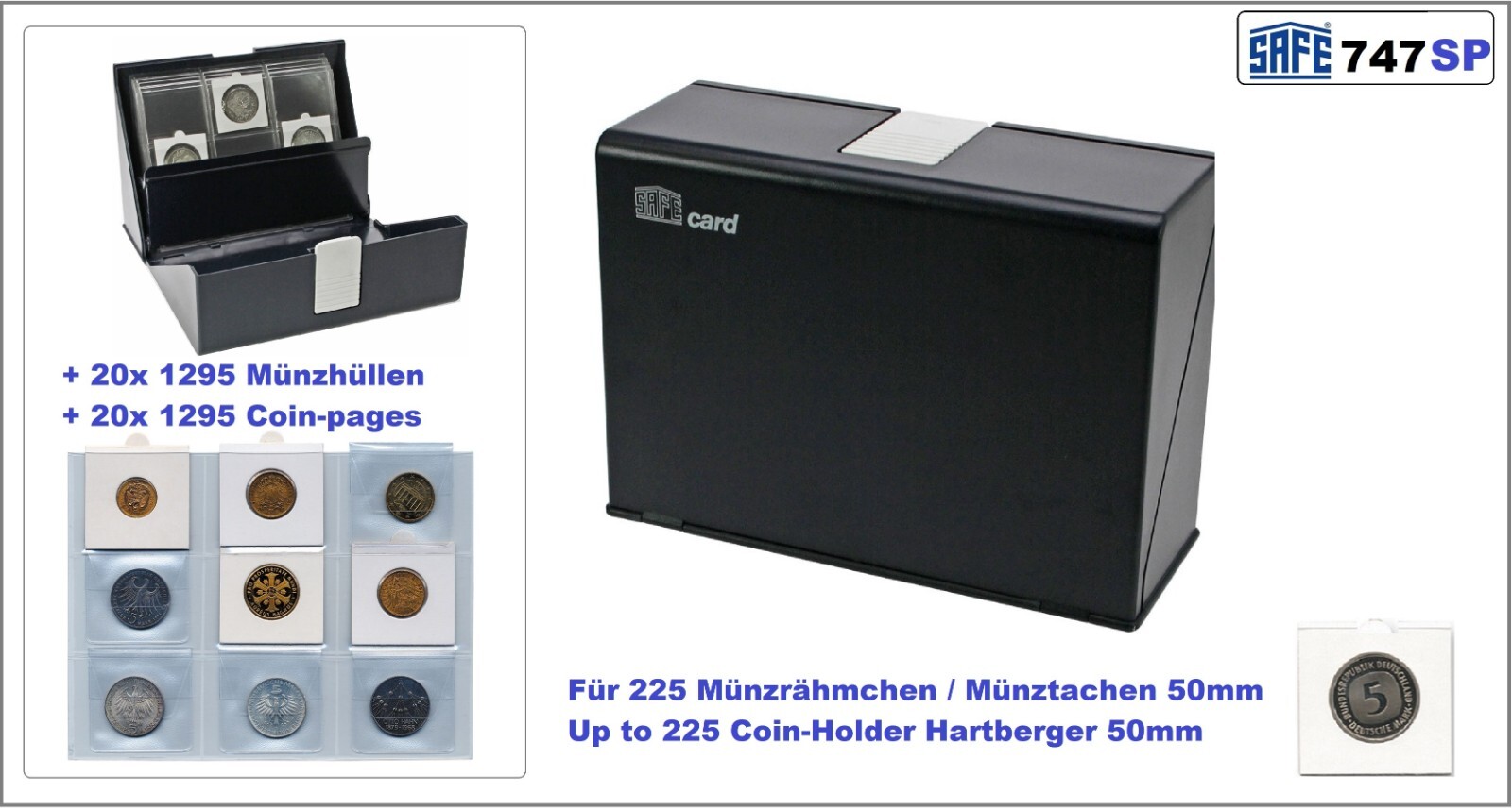 SAFE-747-SP Coin Box Coin Holder Card Box + 20 Coin Sheets For 225 Coin Holders