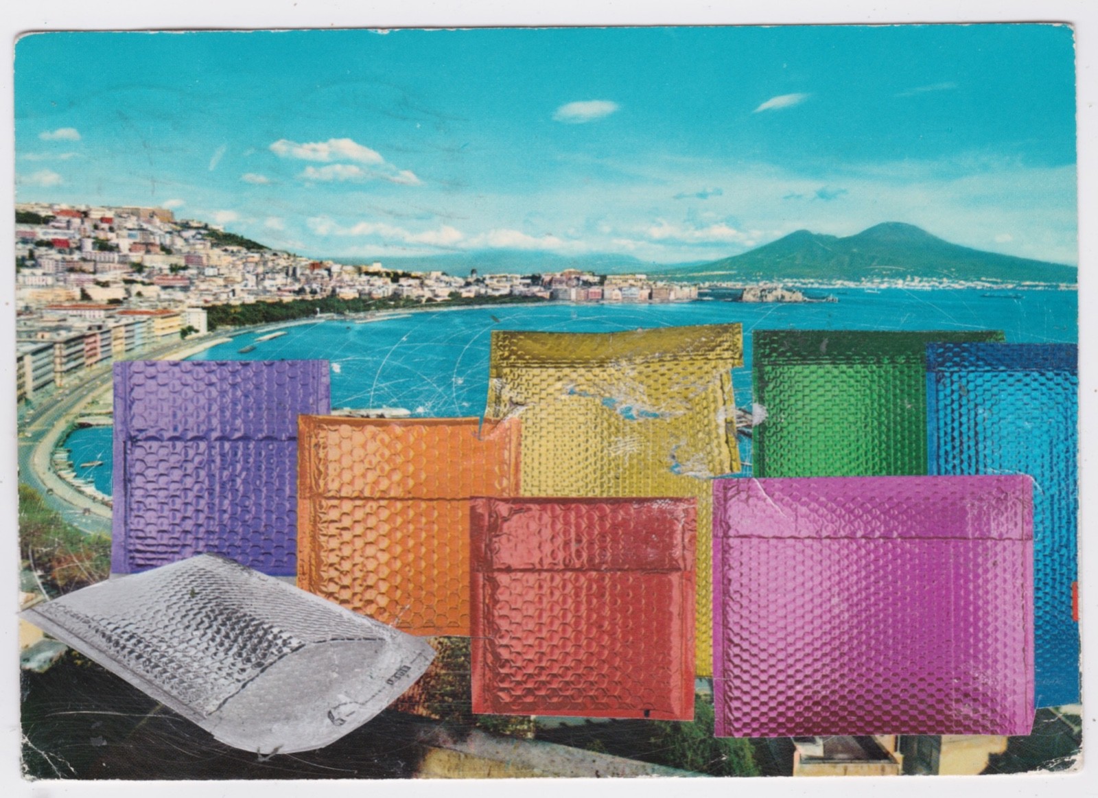 Mail Art David Greenberger "Colorful Package Possibilities" collaged postcard