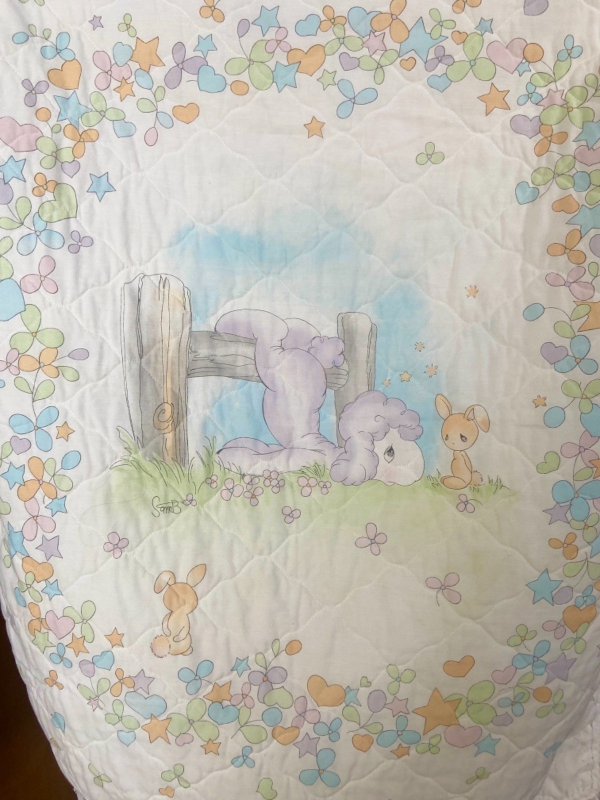 Vintage💕Precious Moments Baby Blanket Lamb & Bunny Quilted Boy💕Girl! Handmade