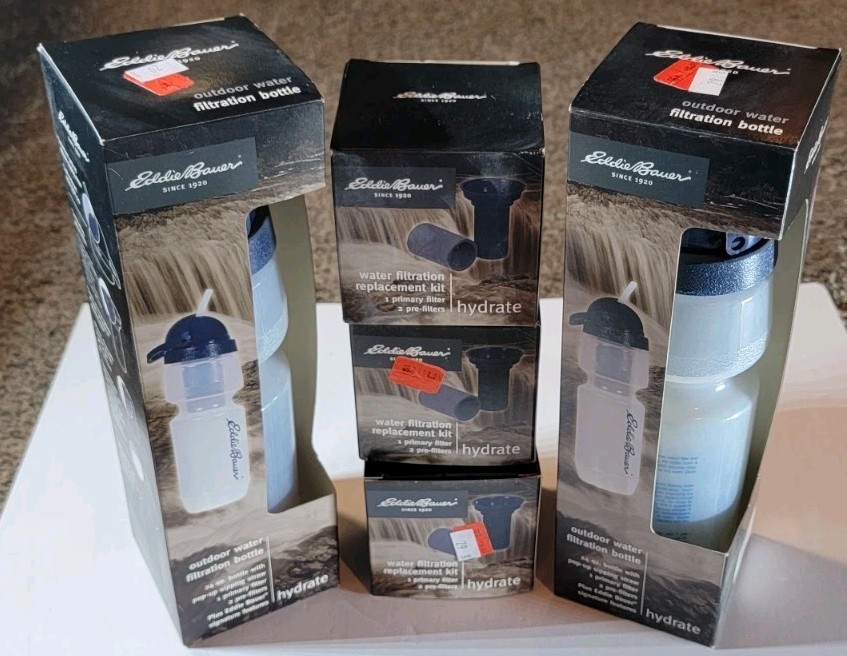 Eddie Bauer Water Bottle Filtration Bottle Clear Pop Up Sip Straw Filter Lot 