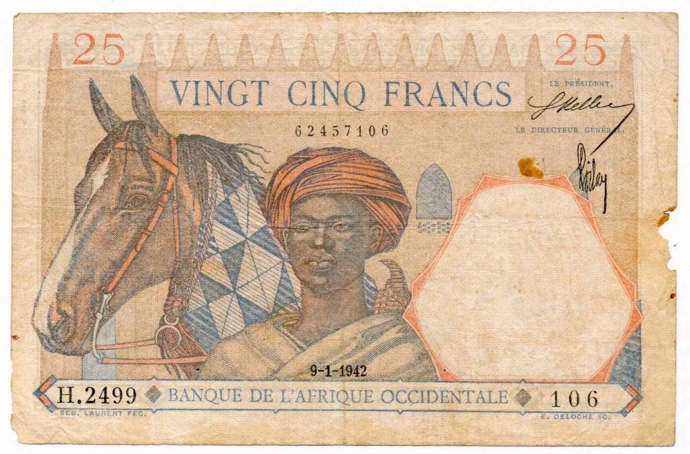 FRENCH WEST AFRICA banknote 25 Francs 9.1.1942 F+