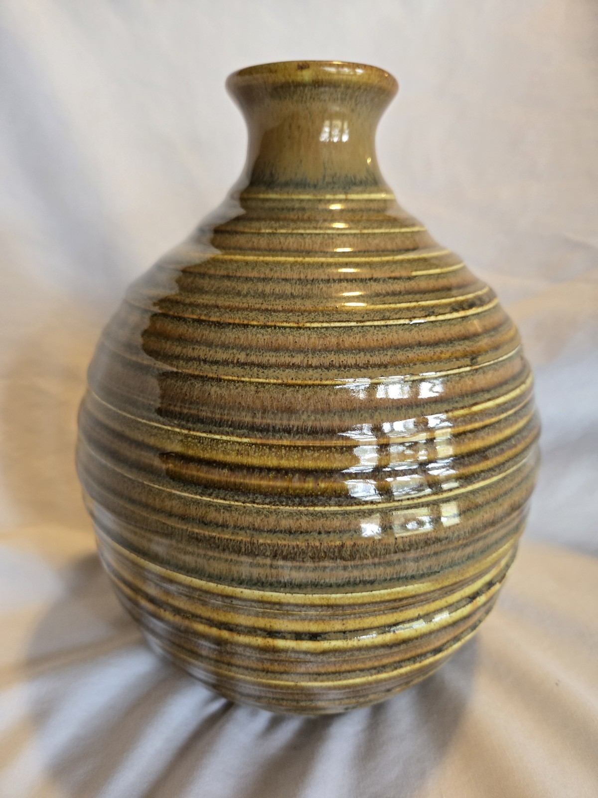 Vintage Studio Art Pottery Ribbed Body Drip Glaze Artist Signed Handmade Thrown 