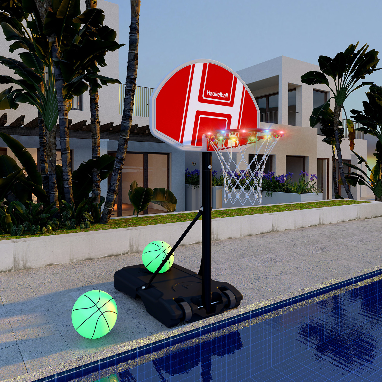Poolside Basketball Hoop LED Adjustable Hight w/ Shatterproof Backboard + 2 Ball