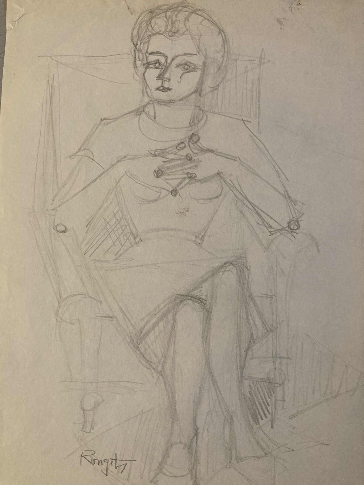 Drawing Antique Art Cubist Woman Artist Pencil Ronget Elizabeth Cubism 1950