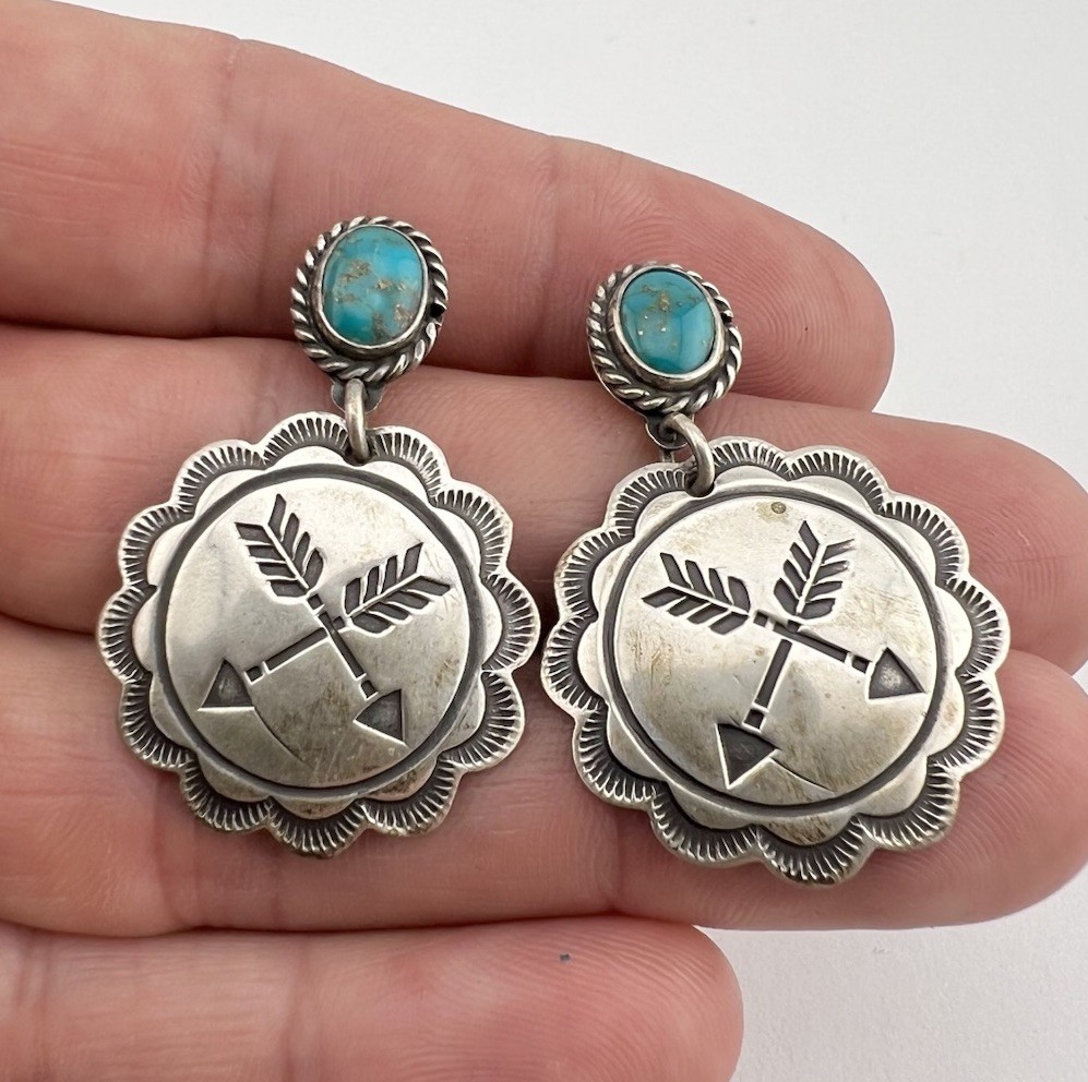 Vtg Fred Harvey Style Navajo Sterling Silver Turquoise Stamped Arrow Earrings