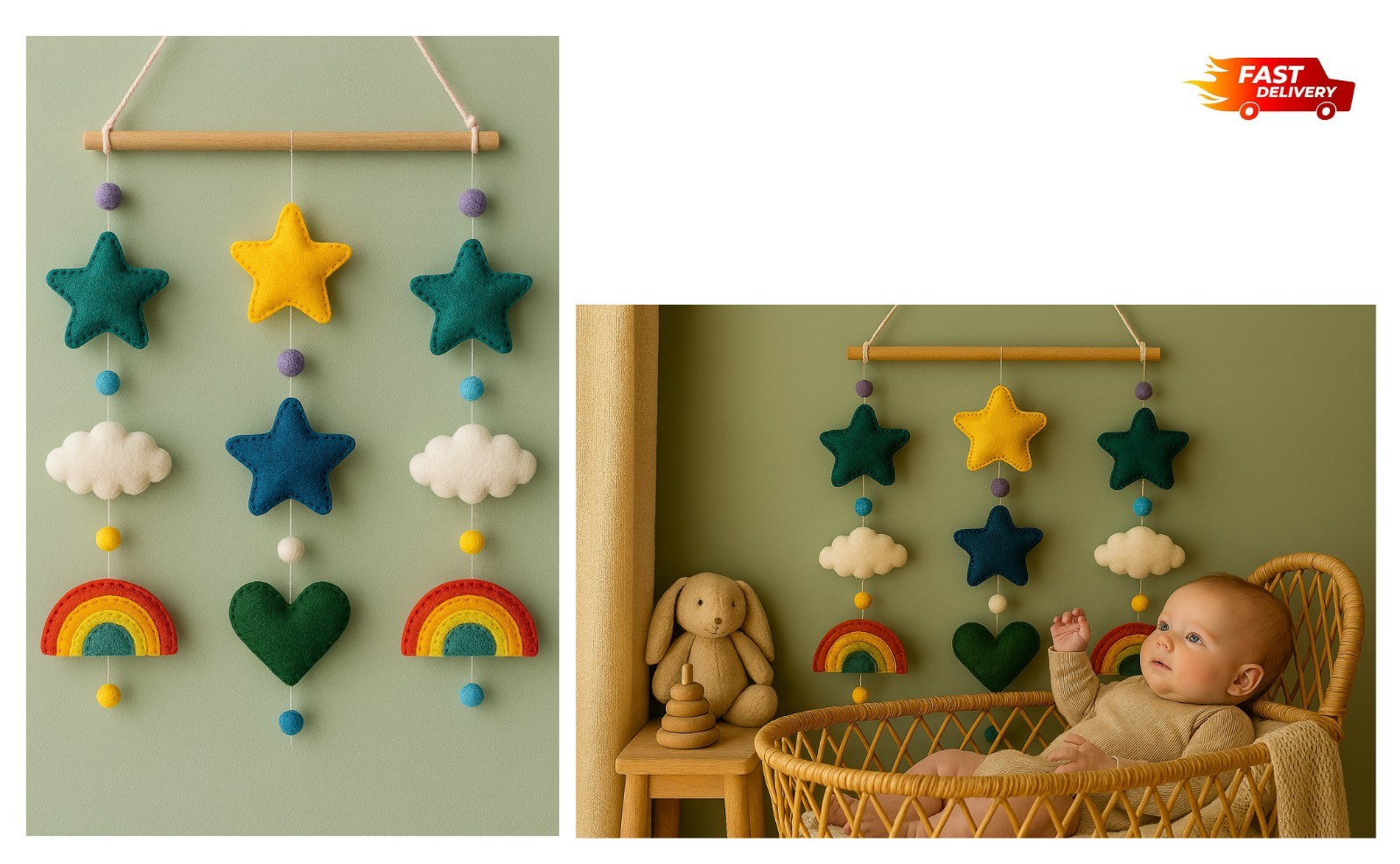 Felt Baby Mobile Nursery Crib Mobile with Stars Clouds Rainbow and Heart Handmad