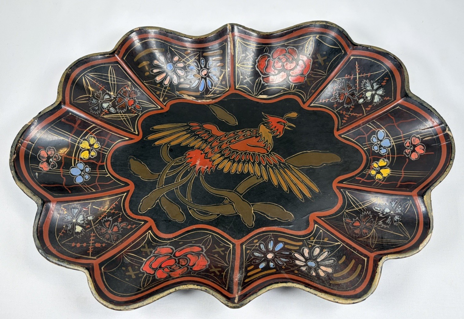 Antique Papier Mache Lacquer Dish Ho Ho Bird Hand Painted Decorated 12.26x8.5”