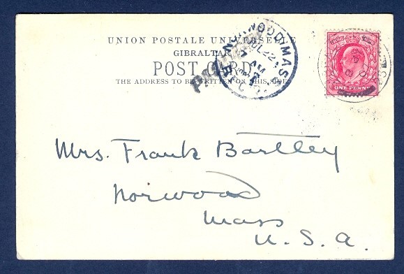 GIBRALTAR 1907 PAQUEBOT PPC TO USA