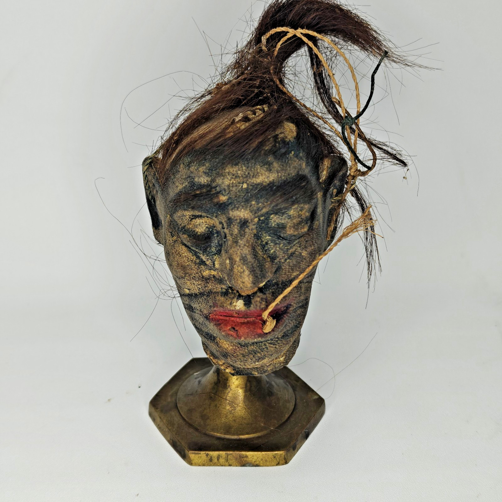 Vintage 1950's Replica Shrunken Head Tsantsa Oddity - Goat Hide w/Real Hair