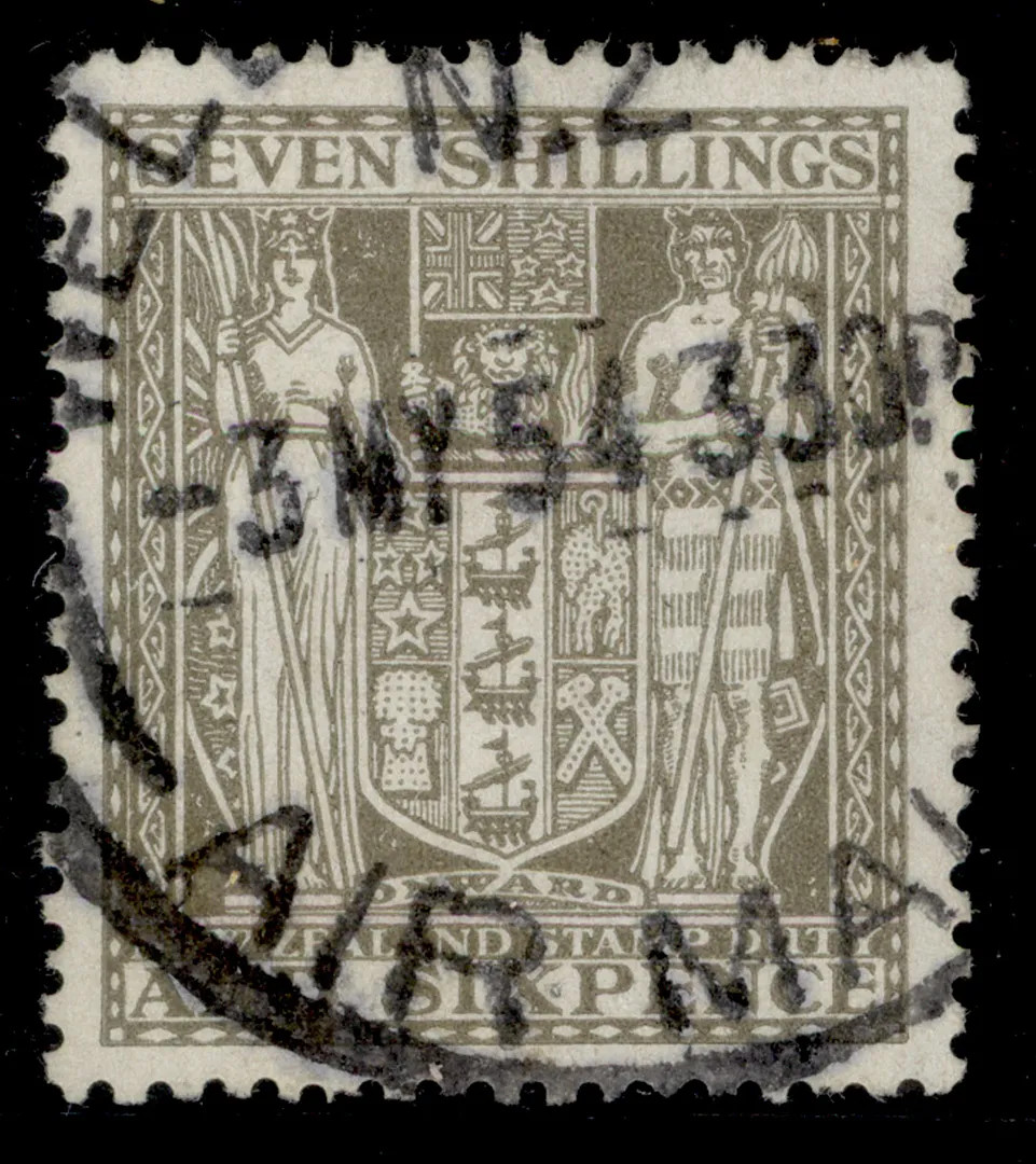 NEW ZEALAND GVI SG F198, 7s 6d olive-grey, FINE USED. Cat £120.