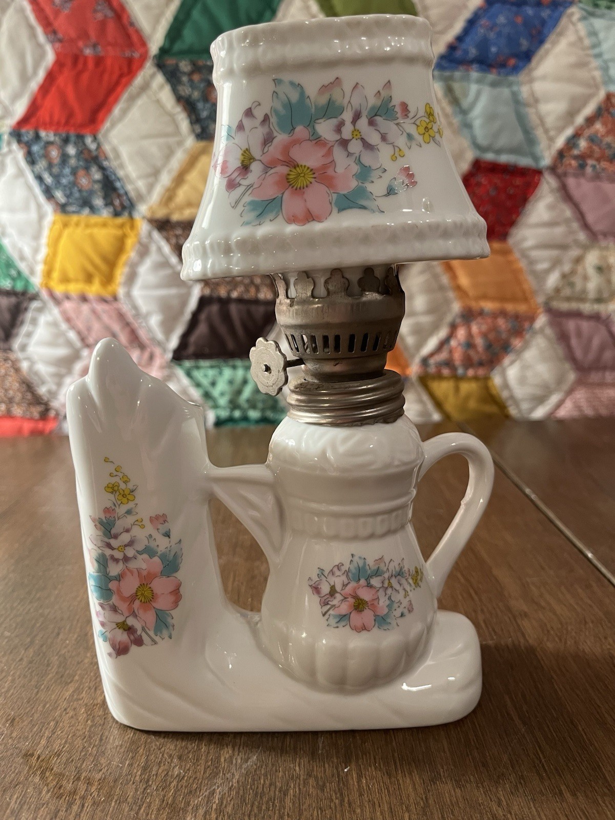Ceramic Floral Mini Oil Lamp with Bell Shade, White Pink Blue Yellow Green