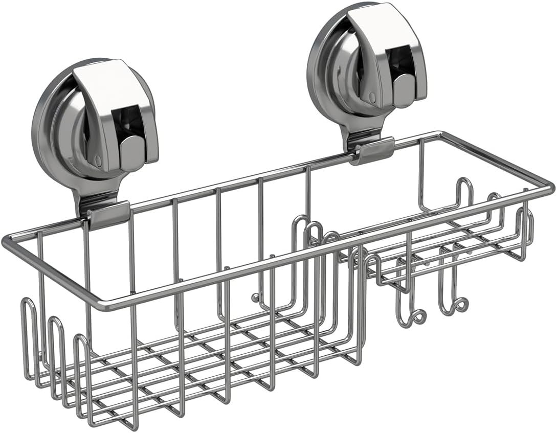 Suction Cup Shower Shelf, 304 Stainless Steel Caddy with Hooks for Sponge & Soap